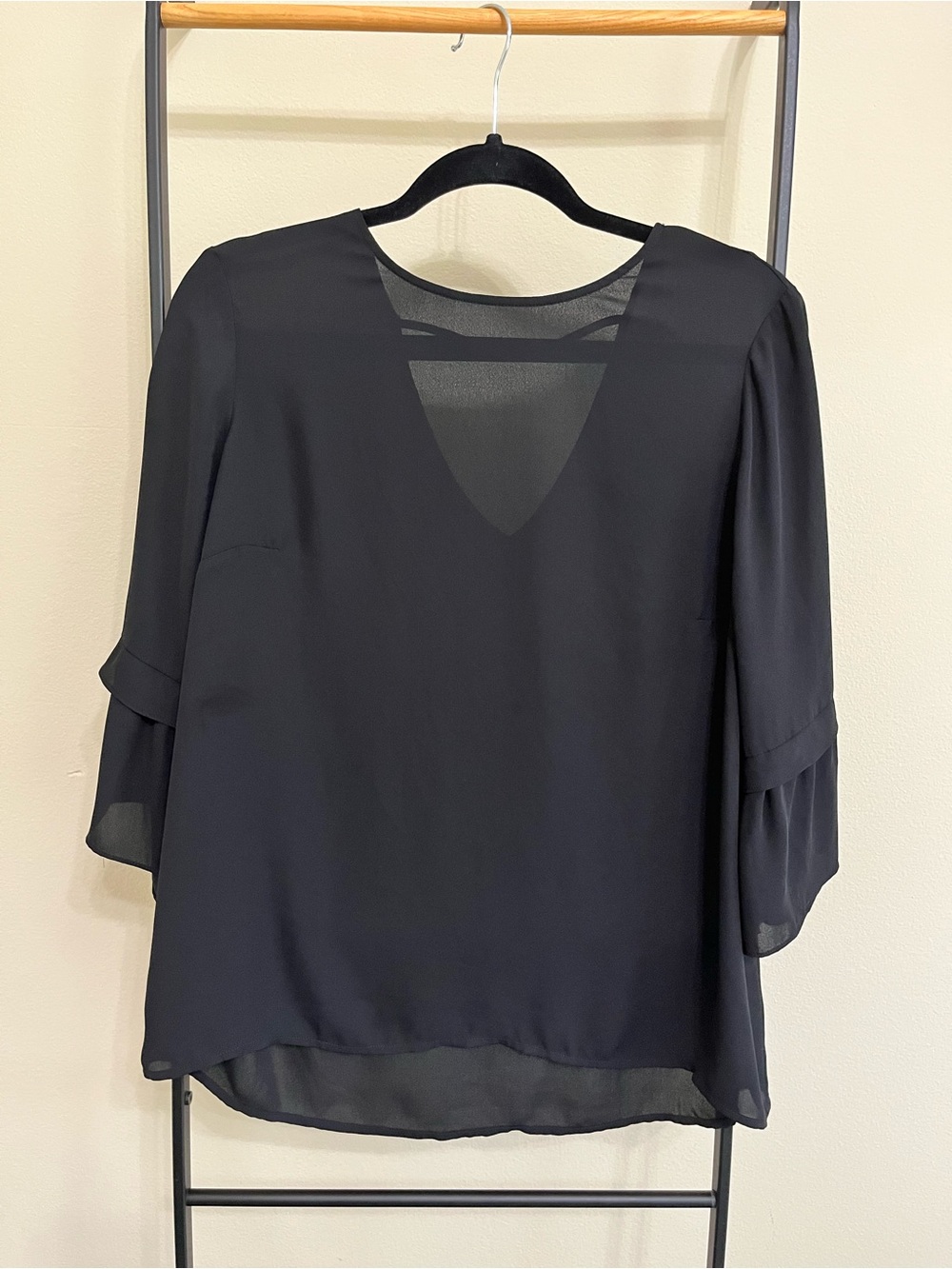 DR2 Sheer Black Bell Sleeve Blouse - V-Back Bar Detail L